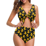 Duck Pattern Print Design 05 Chest Bowknot High Waisted Bikini Swimsuit