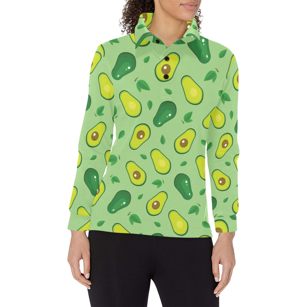 Avocado pattern green background Women's Long Sleeve Polo Shirt