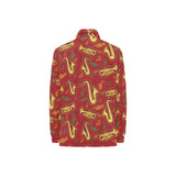 Saxophone cornet pattern red background Women's Long Sleeve Polo Shirt