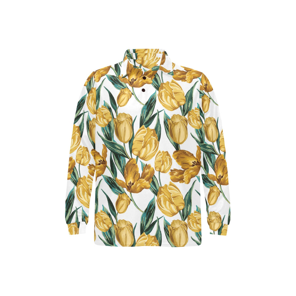 yellow tulips pattern Men's Long Sleeve Polo Shirt