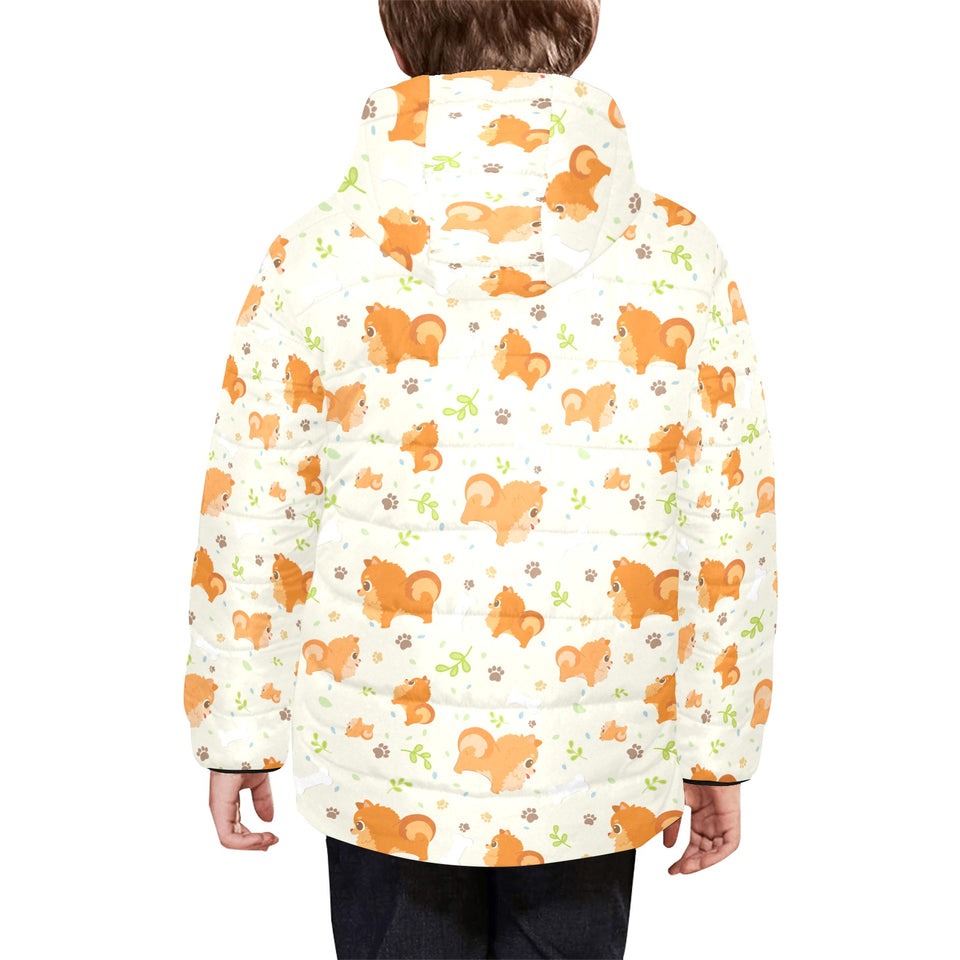 Cute brown pomeranian paw leave bone pattern Kids' Boys' Girls' Padded Hooded Jacket