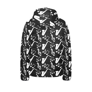 Saxophone music notes treble clef black white them Kids' Boys' Girls' Padded Hooded Jacket