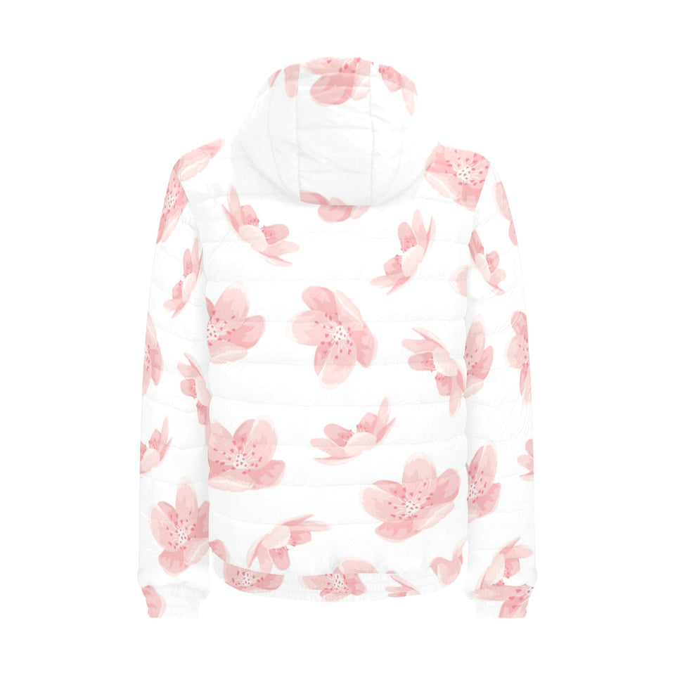 Pink sakura cherry blossom pattern Men's Padded Hooded Jacket