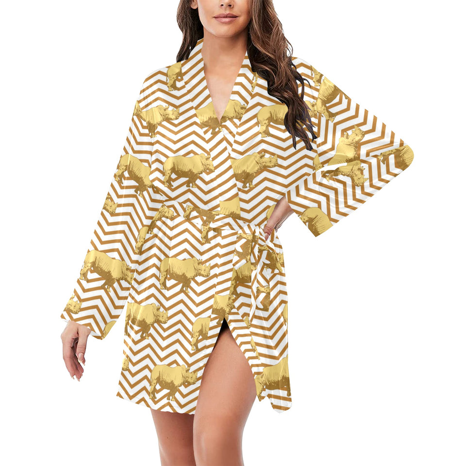Rhino yellow theme pattern Women's Long Sleeve Belted Night Robe
