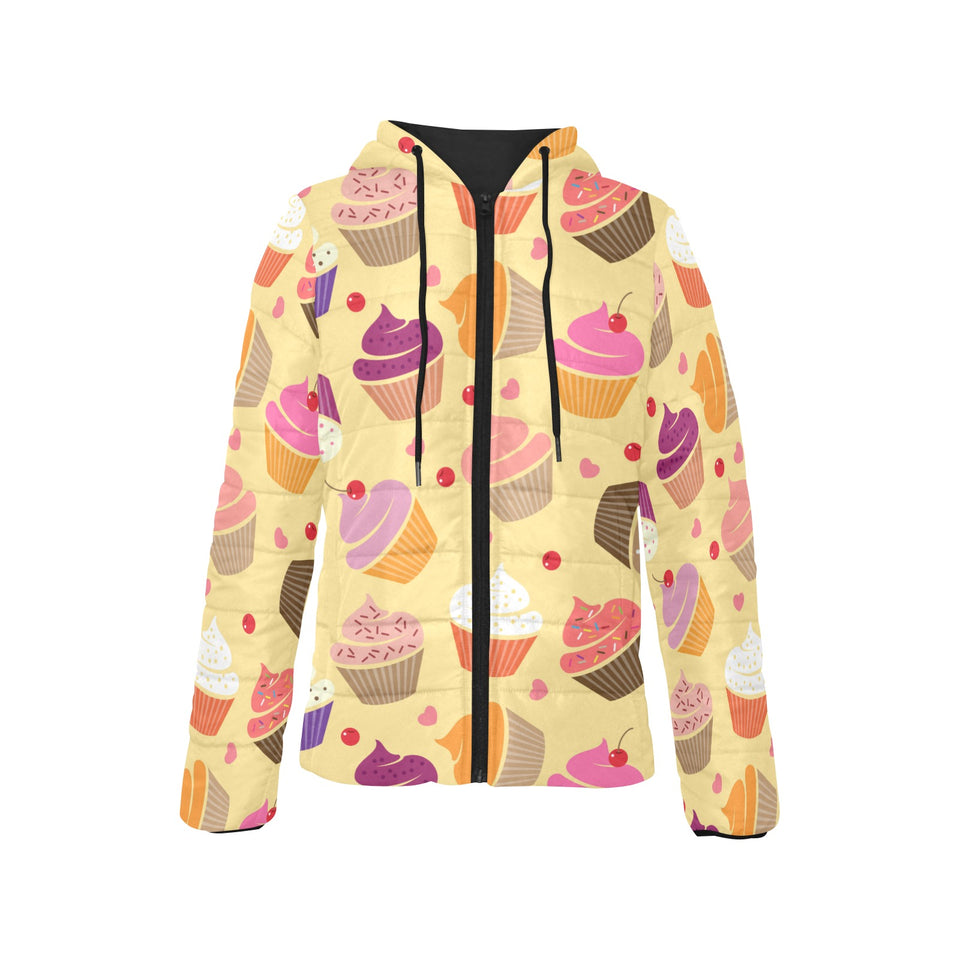 cake cupcake heart cherry pattern Women's Padded Hooded Jacket
