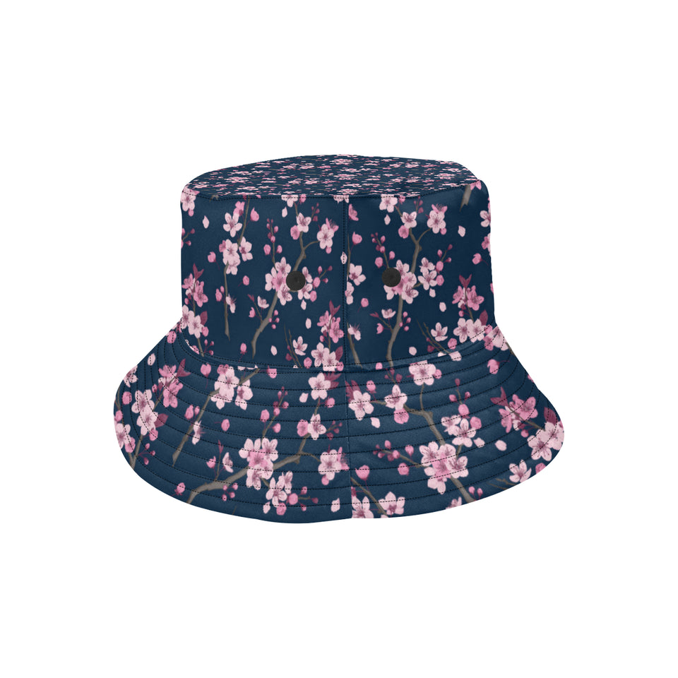 Pink sakura cherry blossom blue background Unisex Bucket Hat