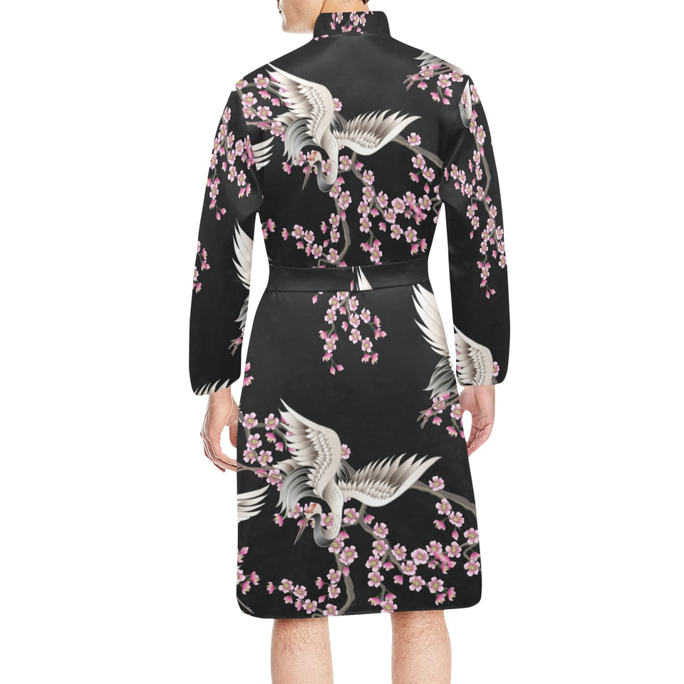 Japanese crane pink sakura pattern Men's Long Sleeve Belted Night Robe