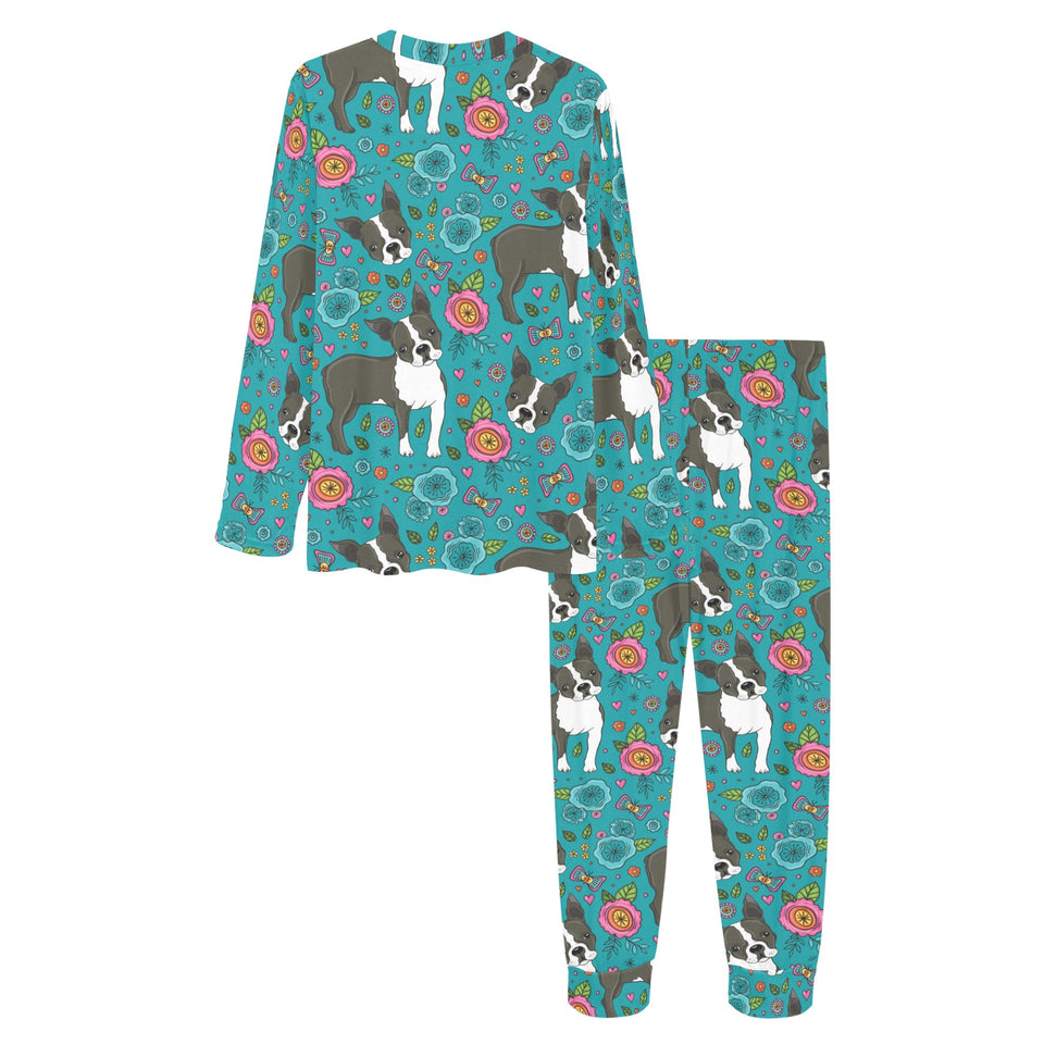 Boston terrier beautiful flower pattern Women's All Over Print Pajama Set