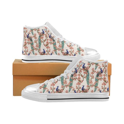 Peacock tropical flower pattern Women's High Top Canvas Shoes White