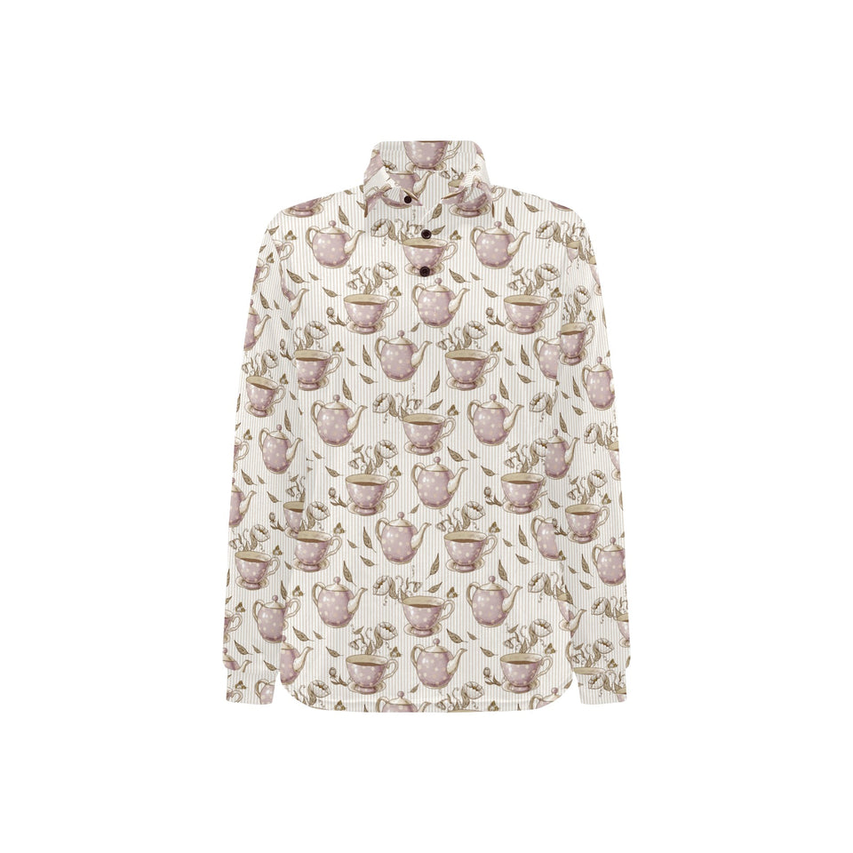 Tea pots Pattern Print Design 03 Women's Long Sleeve Polo Shirt