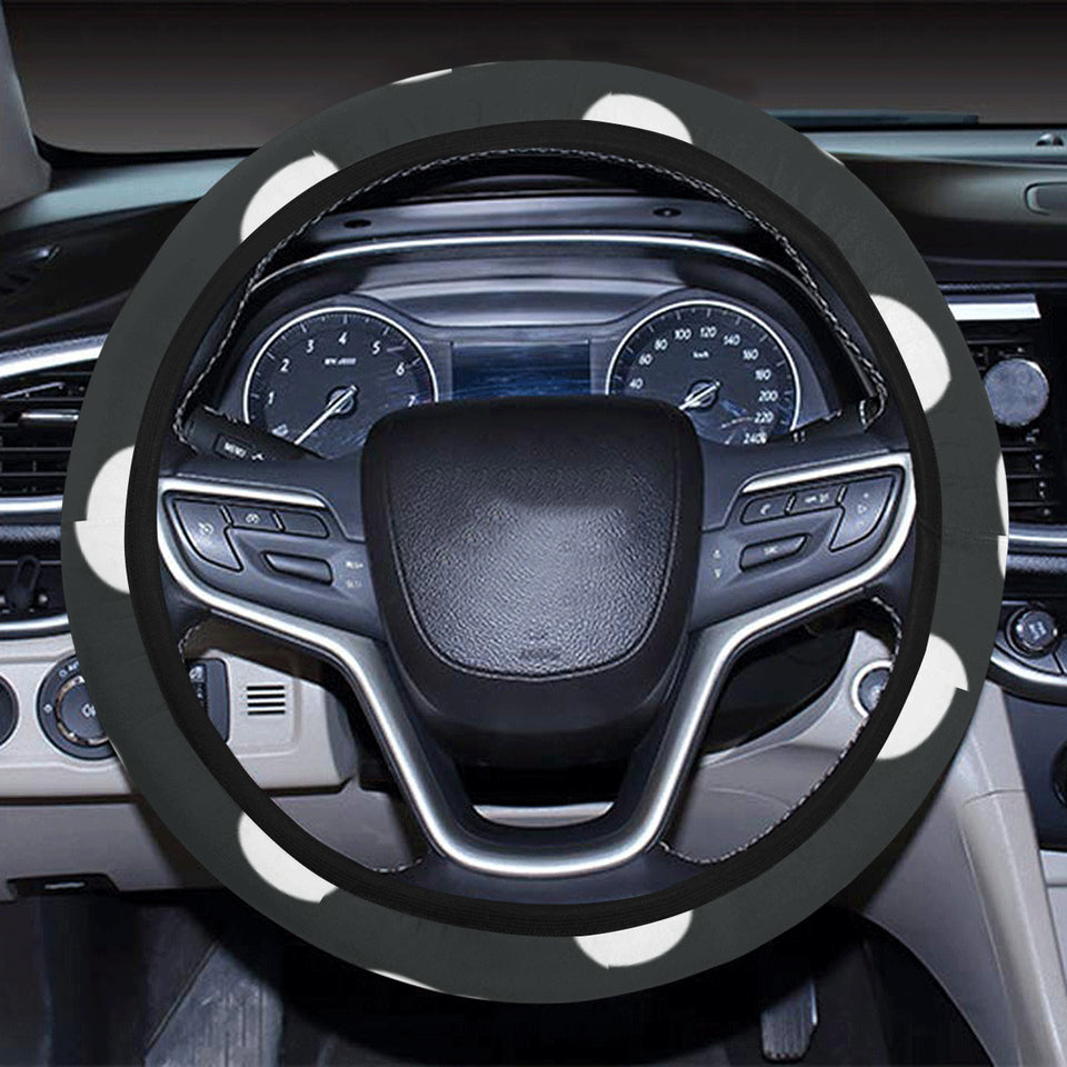 Cute white rabbit polka dots black background Car Steering Wheel Cover