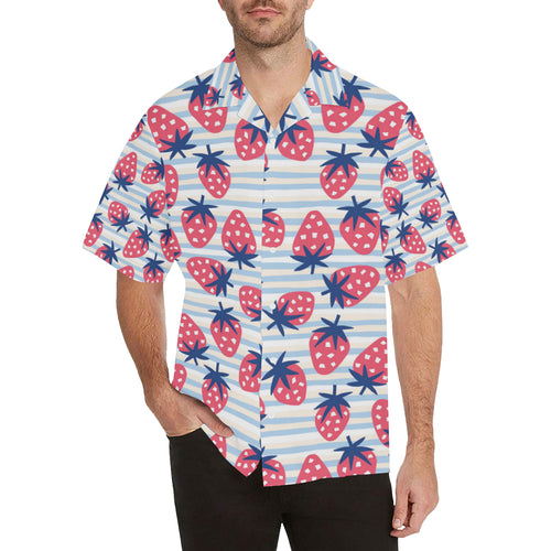 Strawberry pattern blue lines background Men's All Over Print Hawaiian Shirt
