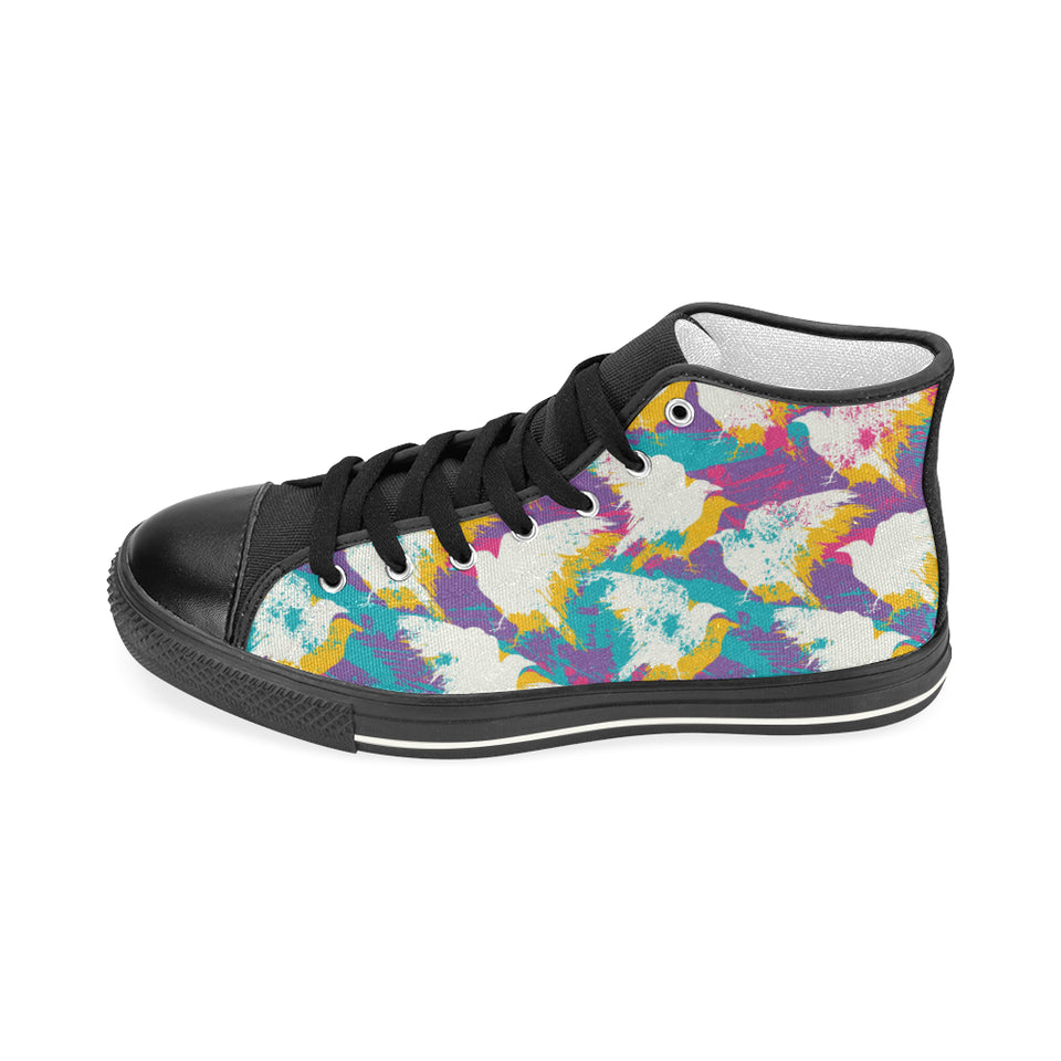Colorful crow illustration pattern Women's High Top Canvas Shoes Black