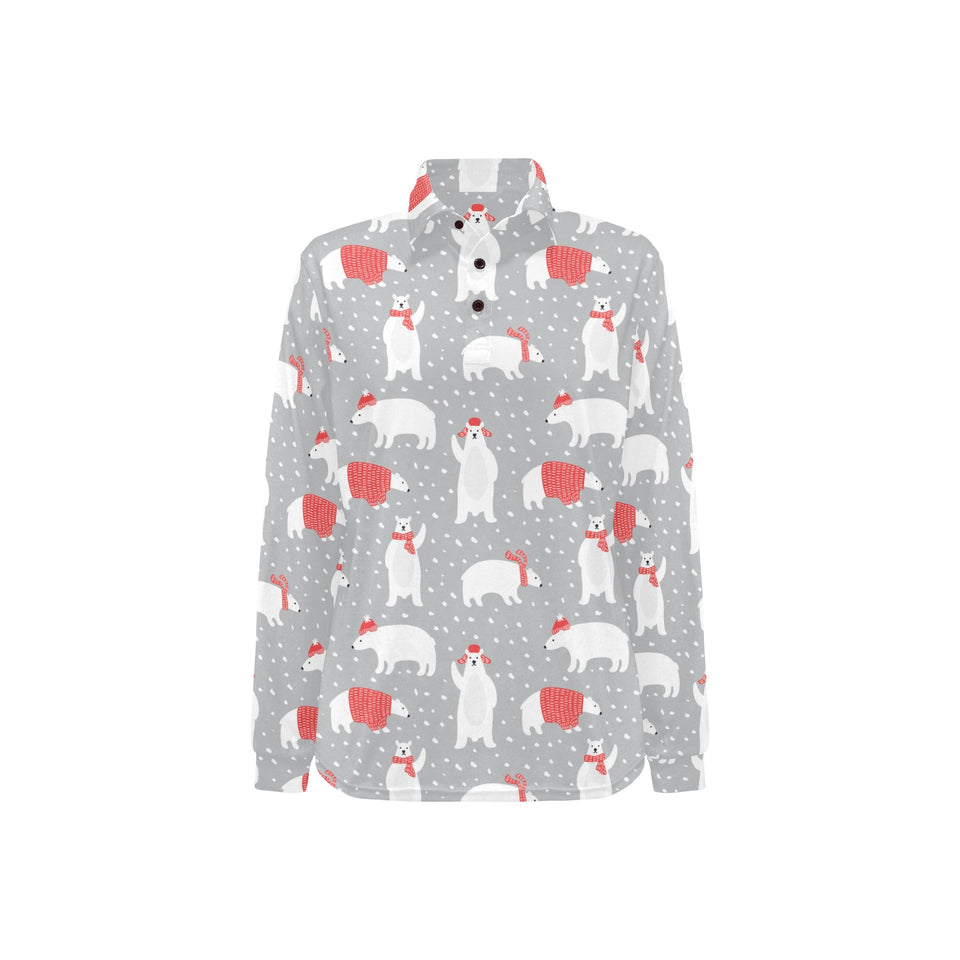 Cute polar bear christmas snow pattern Women's Long Sleeve Polo Shirt