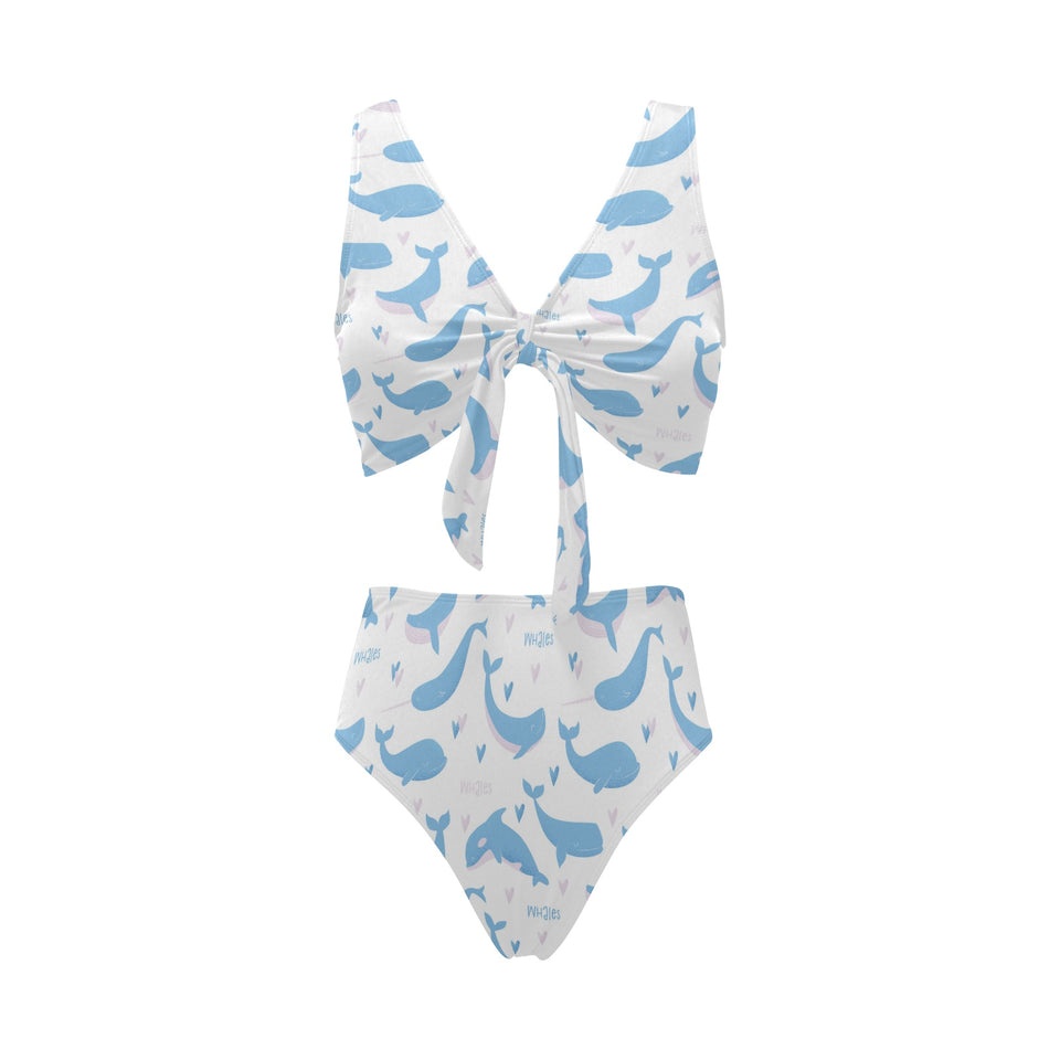Blue whale pattern Chest Bowknot High Waisted Bikini Swimsuit