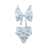 Blue whale pattern Chest Bowknot High Waisted Bikini Swimsuit