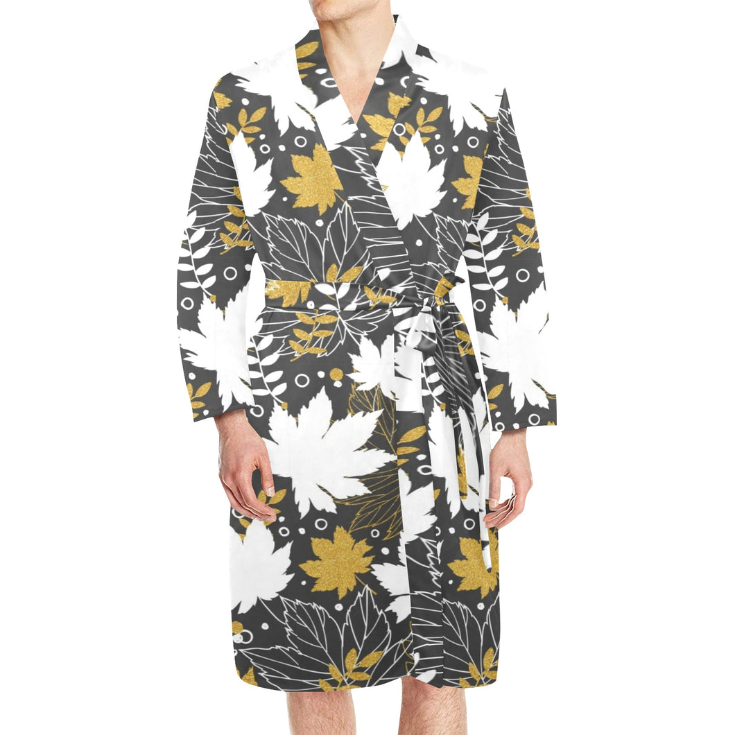 Beautiful gold autumn maple leaf pattern Men's Long Sleeve Belted Night Robe