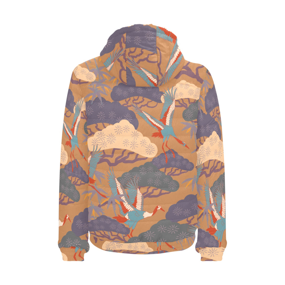 Bonsai bamboo stork japanese pattern brown theme Men's Padded Hooded Jacket