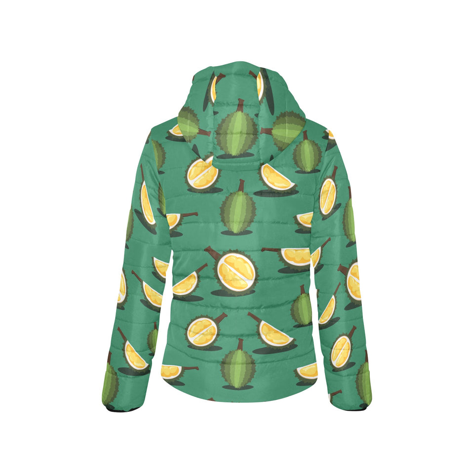 Durian pattern green background Women's Padded Hooded Jacket