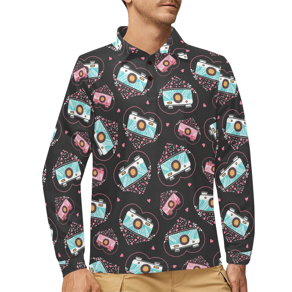 Camera Pattern Print Design 04 Men's Long Sleeve Polo Shirt