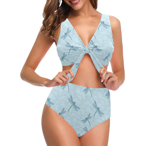 Dragonfly pattern blue background Chest Bowknot High Waisted Bikini Swimsuit