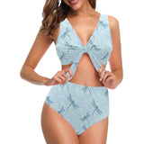 Dragonfly pattern blue background Chest Bowknot High Waisted Bikini Swimsuit