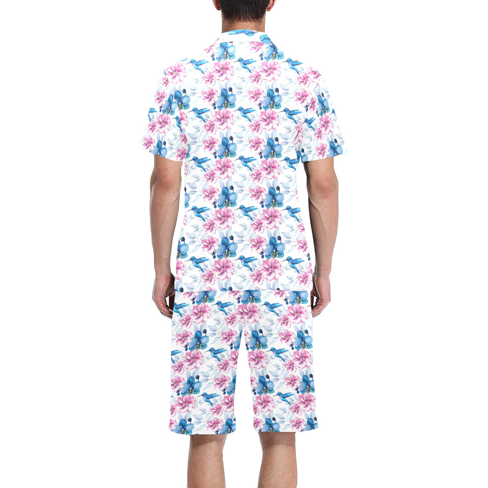 Hummingbird Pattern Print Design 02 Men's V-Neck Short Pajama Set
