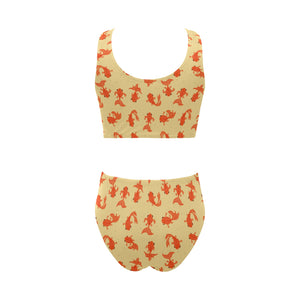 Goldfish Pattern Print Design 02 Chest Bowknot High Waisted Bikini Swimsuit