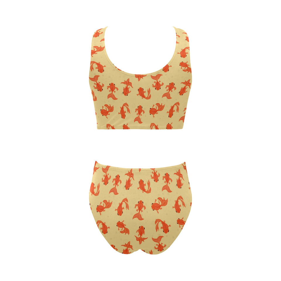 Goldfish Pattern Print Design 02 Chest Bowknot High Waisted Bikini Swimsuit