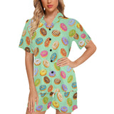 Colorful donut pattern green background Women's V-Neck Short Pajama Set