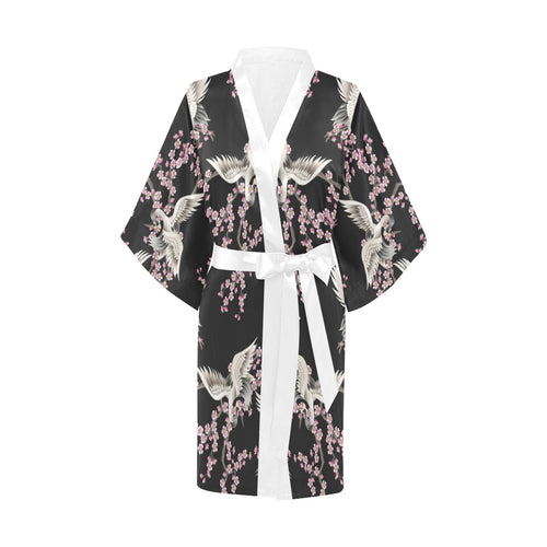 Japanese crane pink sakura pattern Women's Short Kimono Robe