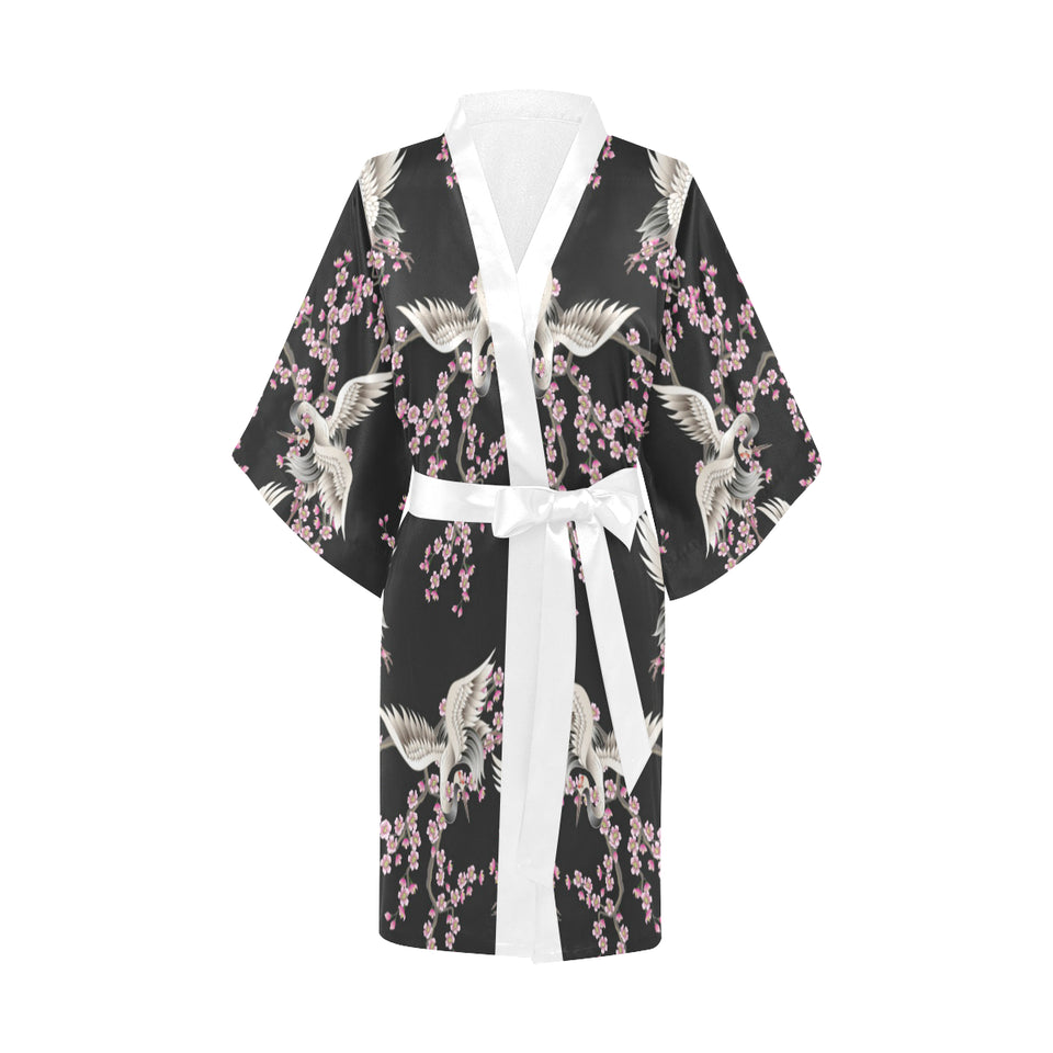 Japanese crane pink sakura pattern Women's Short Kimono Robe