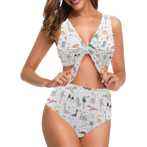 Cute cartoon dinosaurs tree pattern Chest Bowknot High Waisted Bikini Swimsuit