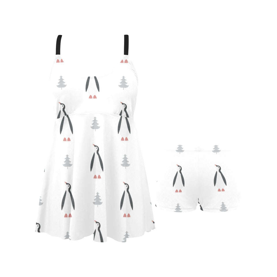 Penguin pattern Chest Sexy Pleated Two Piece Swim Dress