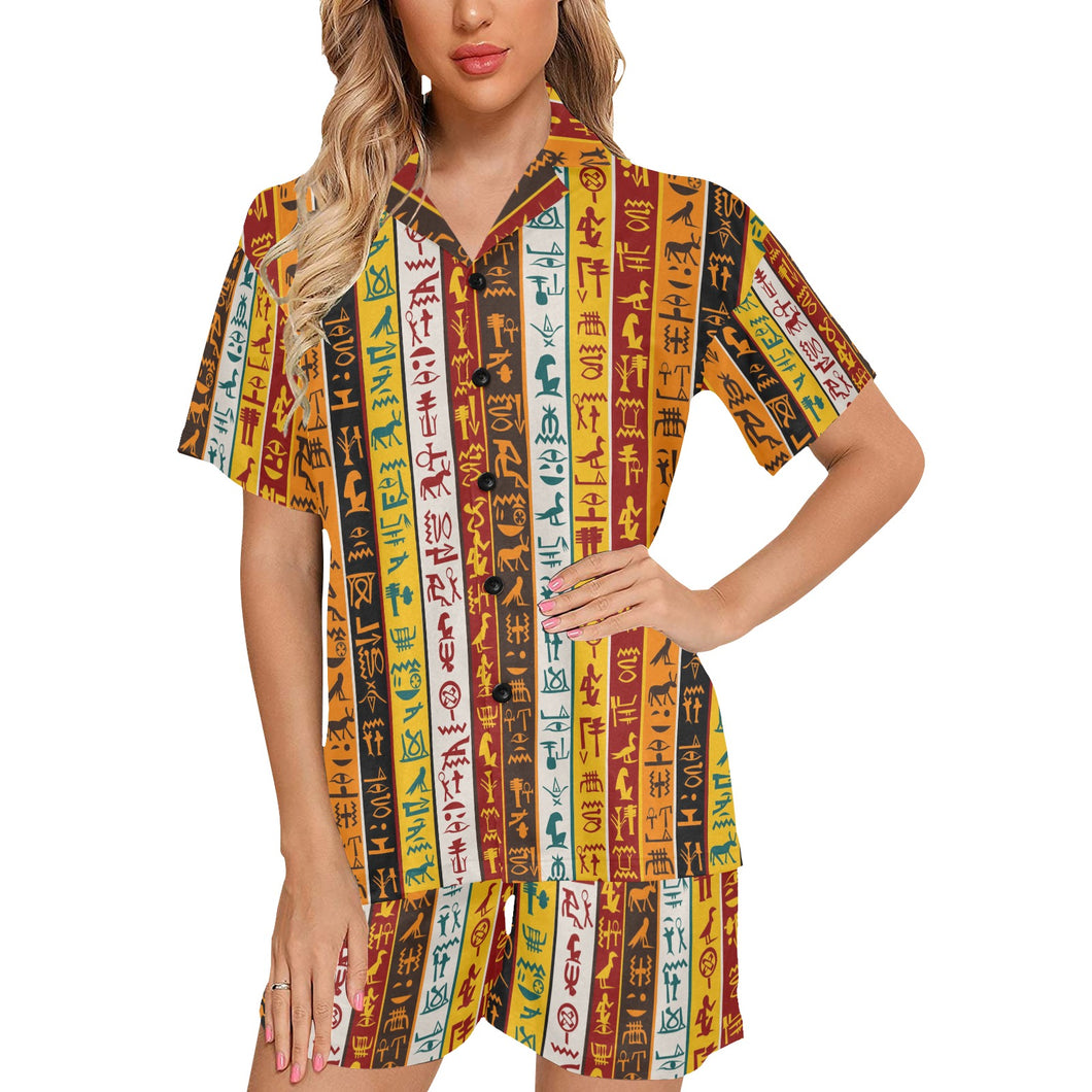 Egypt Hieroglyphics Pattern Print Design 01 Women's V-Neck Short Pajama Set