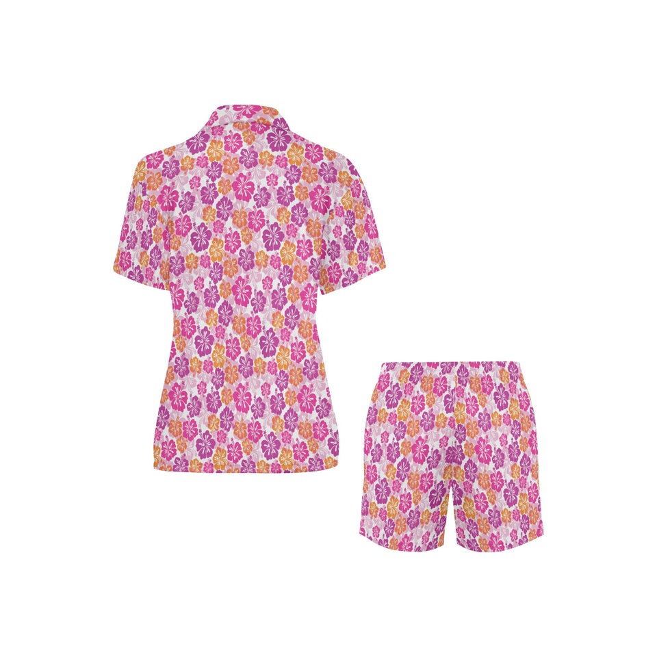 Hibiscus Pattern Print Design 01 Women's V-Neck Short Pajama Set