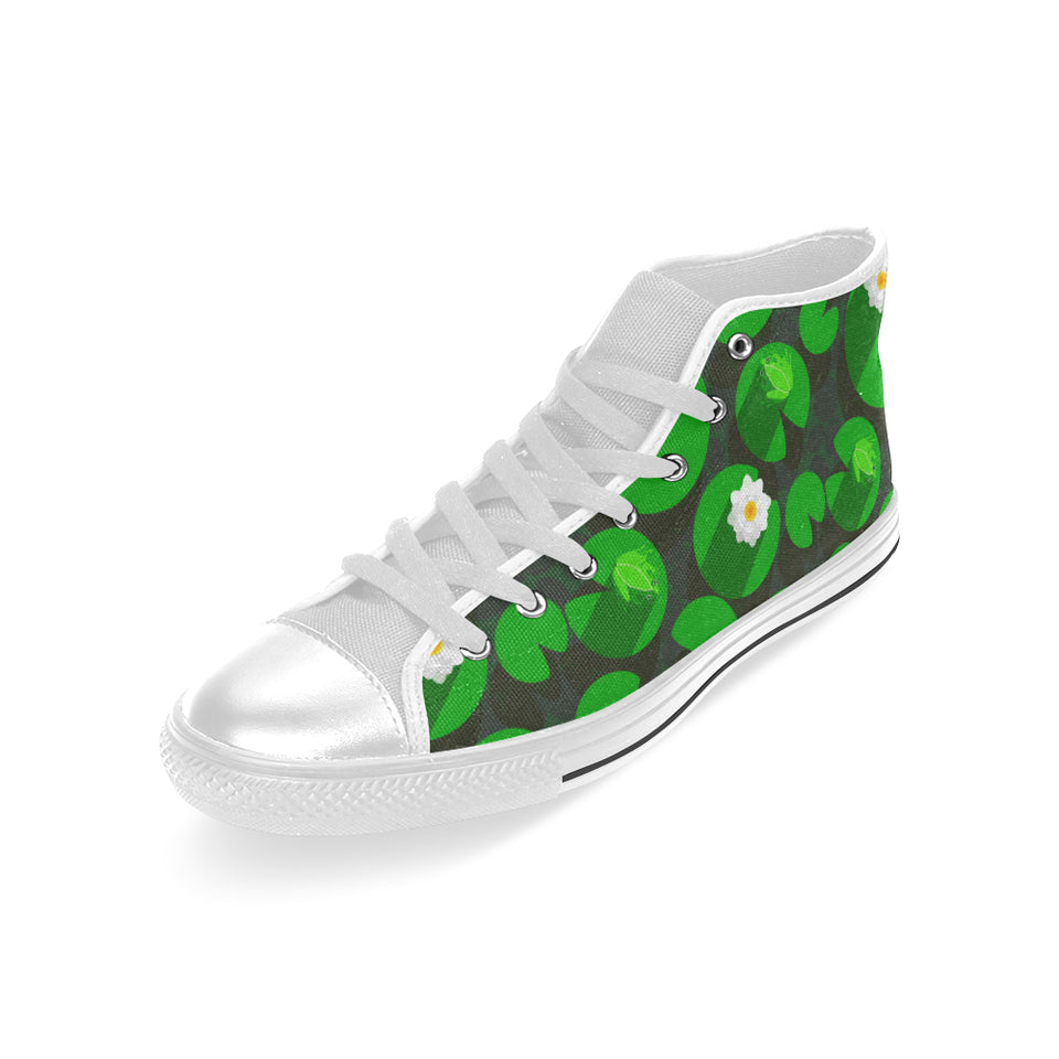 Frog waterlily pattern Men's High Top Canvas Shoes White