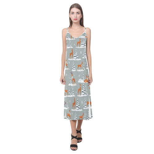 Beautiful deers Winter Christmas V-Neck Open Fork Long Dress