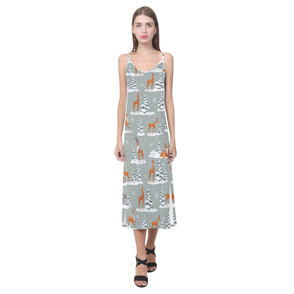 Beautiful deers Winter Christmas V-Neck Open Fork Long Dress