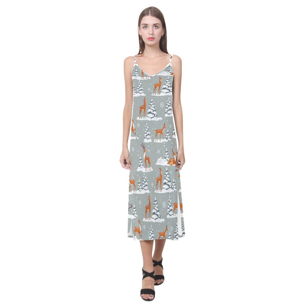 Beautiful deers Winter Christmas V-Neck Open Fork Long Dress