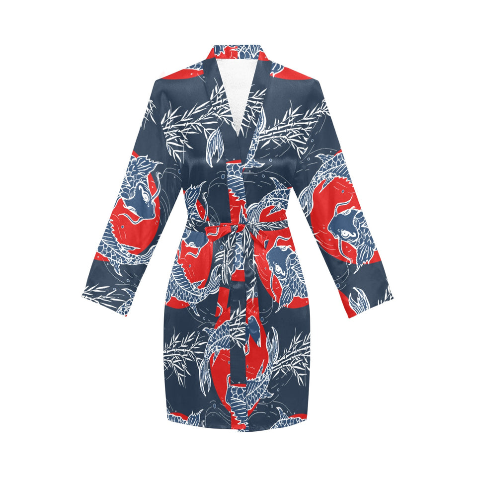 Koi Fish Carp Fishs hand drawn japanese art Women's Long Sleeve Belted Night Robe