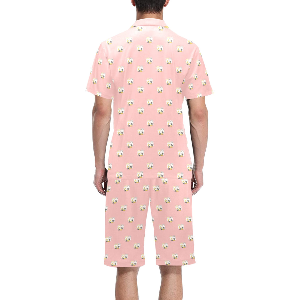 Cute hamster cheese pattern pink background Men's V-Neck Short Pajama Set