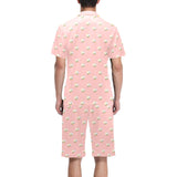Cute hamster cheese pattern pink background Men's V-Neck Short Pajama Set