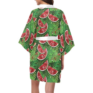 Watermelons tropical palm leaves pattern backgroun Women's Short Kimono Robe