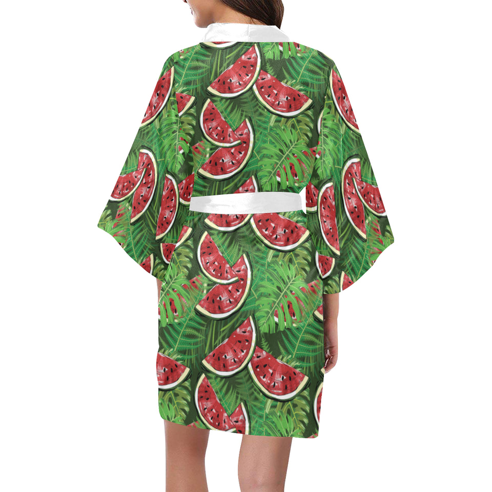 Watermelons tropical palm leaves pattern backgroun Women's Short Kimono Robe