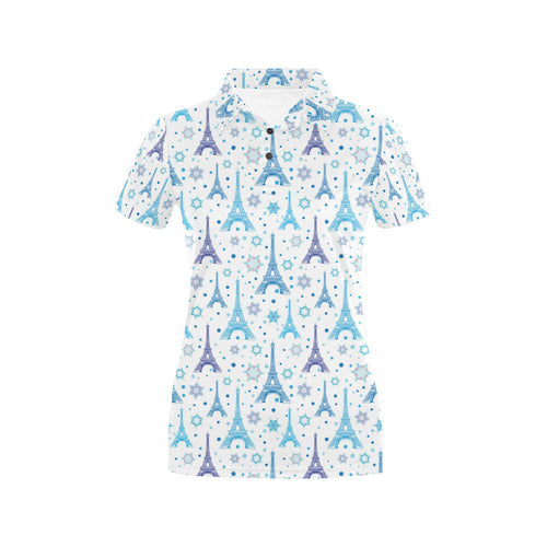 Blue Eiffel Tower Theme Pattern Print Design 01 Women's All Over Print Polo Shirt