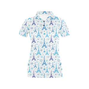 Blue Eiffel Tower Theme Pattern Print Design 01 Women's All Over Print Polo Shirt