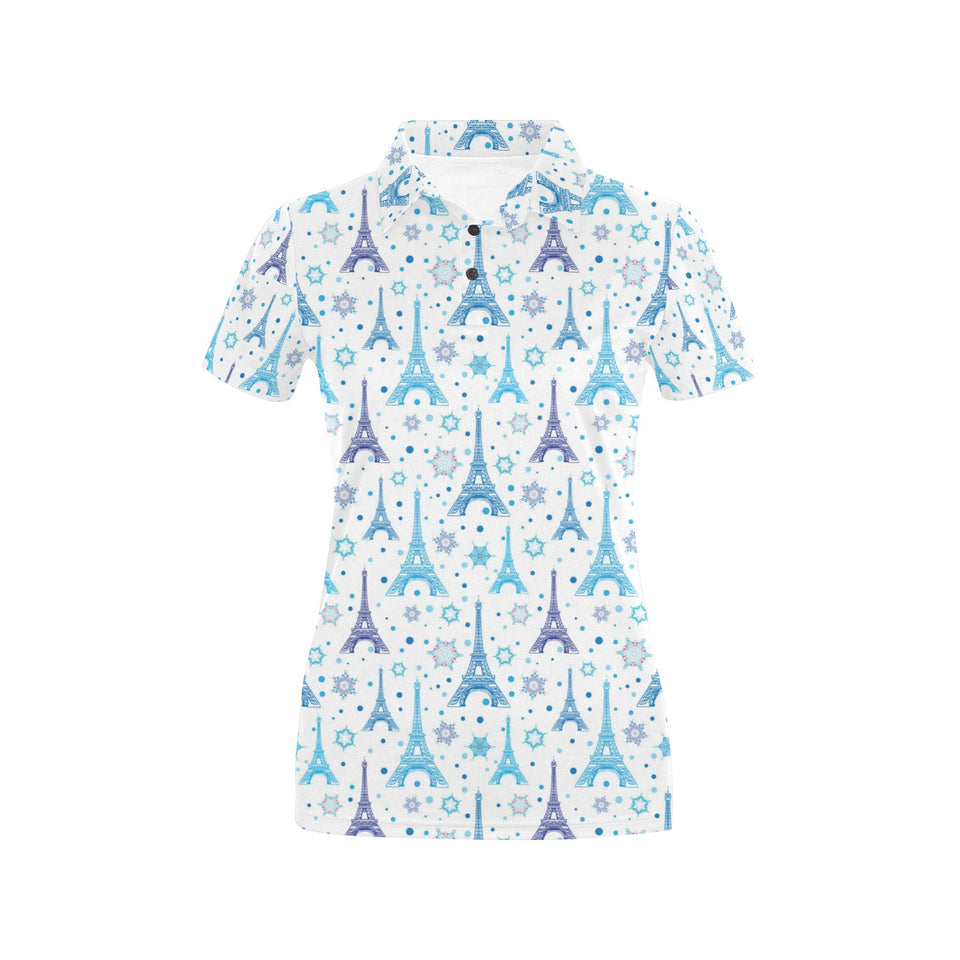 Blue Eiffel Tower Theme Pattern Print Design 01 Women's All Over Print Polo Shirt