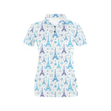Blue Eiffel Tower Theme Pattern Print Design 01 Women's All Over Print Polo Shirt