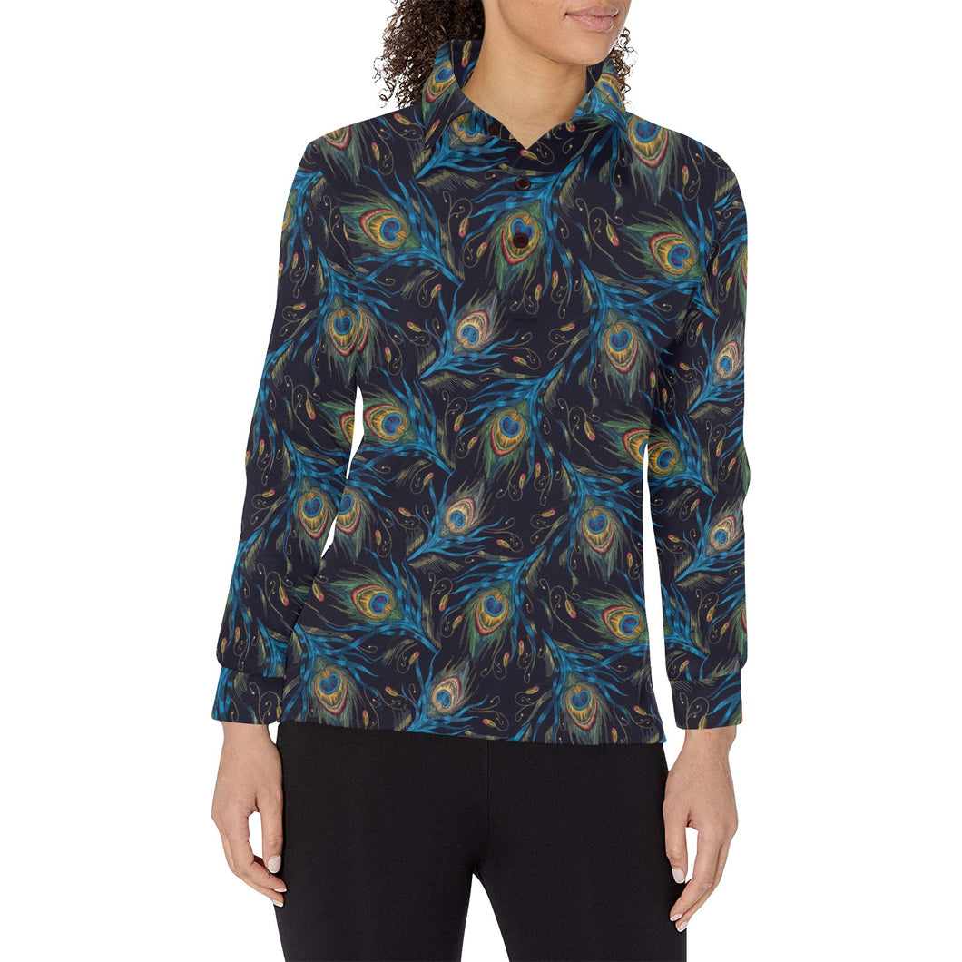 Beautiful peacock feather pattern Women's Long Sleeve Polo Shirt
